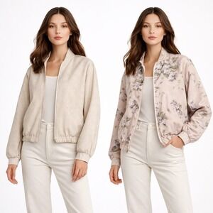 Huba Womens Reversible Bomber Jacket M Beige‎ Stripe Floral USA Vtg Cottagecore